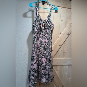 Lulu's La Paz Pink and Green Leaf Print Tie-Front Midi Dress